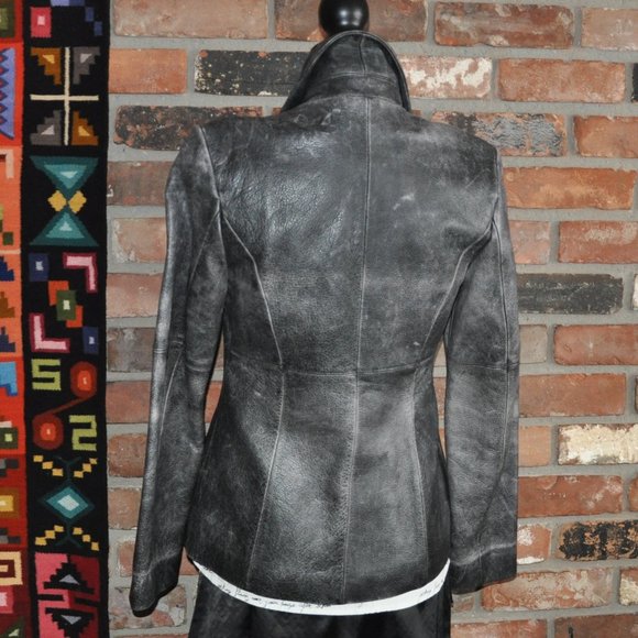 Vintage 90s Danier Tailored Grey Distressed Leather Coat Jacket P US 4-6 - Picture 5 of 11